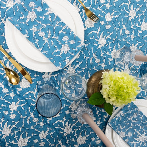 block printed blue floral patterned tablecloth 