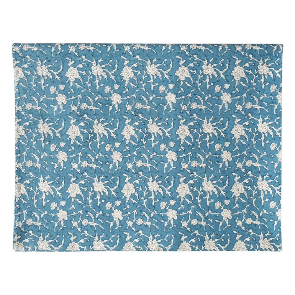 block printed blue floral patterned tablecloth 