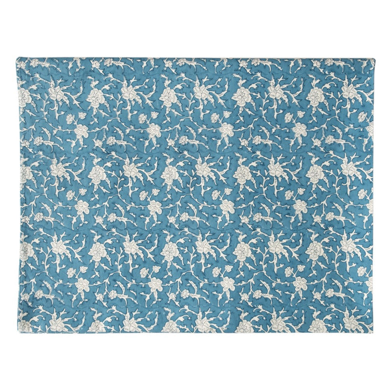 block printed blue floral patterned tablecloth 