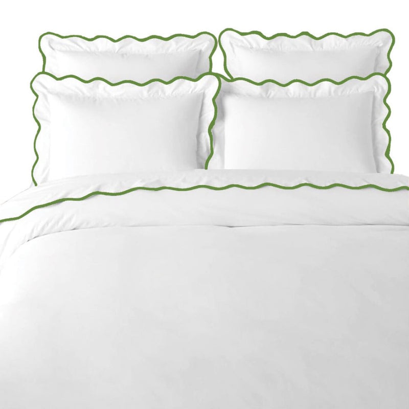 white full queen duvet green scalloped border