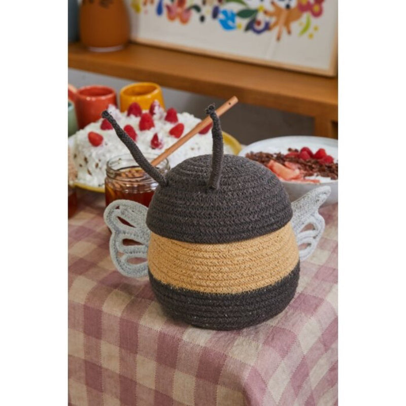 basket woven black yellow white baby bee lidded 