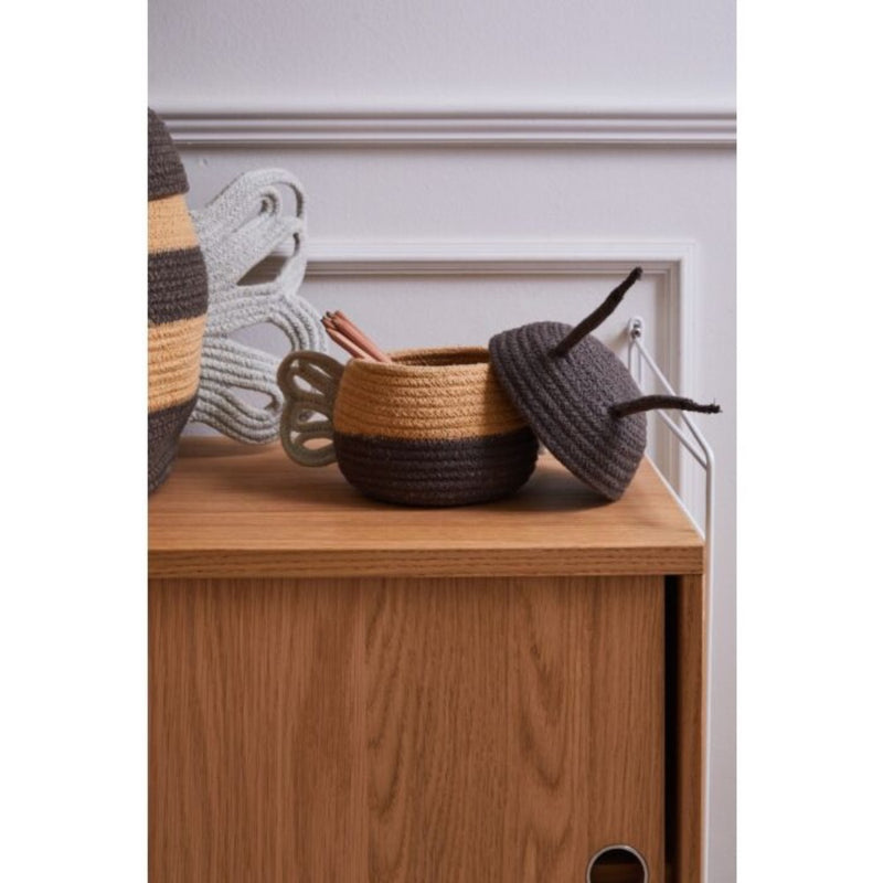basket woven black yellow white baby bee lidded 