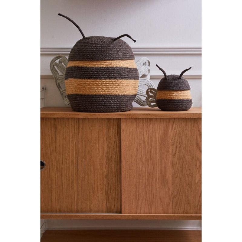 basket woven black yellow white mama bee lidded 