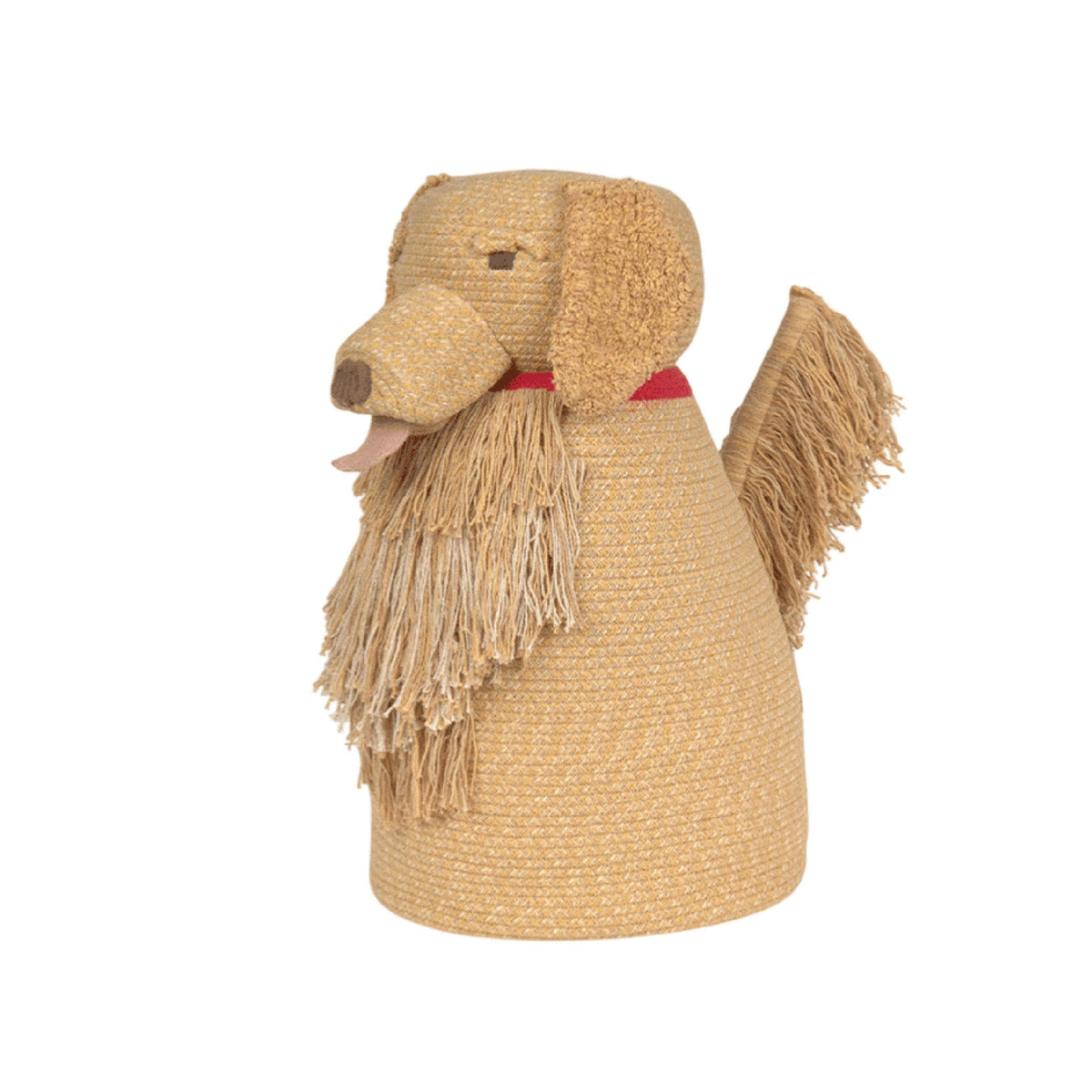 A dog-shaped woven straw storage basket with a textured body, floppy ears, a long shaggy beard, and a small red collar, shown on a plain white background.