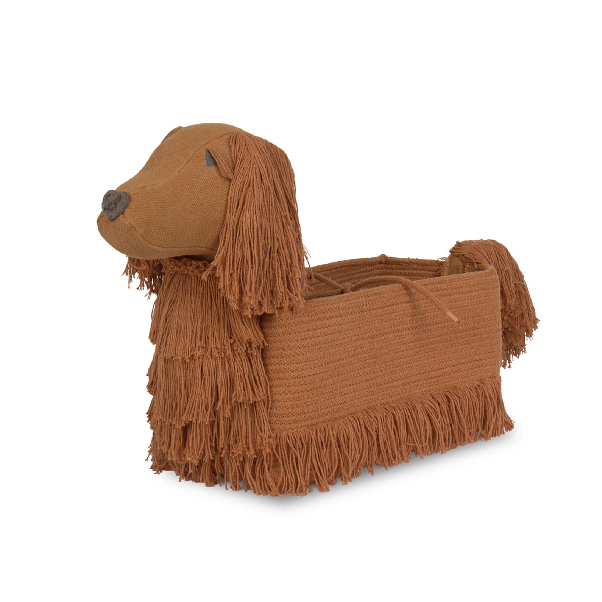 A brown dog-shaped woven storage basket with long fringe details on the head, ears, and body, shown on a plain white background.