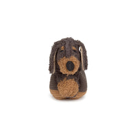 A small plush dog-shaped basket in dark brown and tan, photographed against a plain white background.