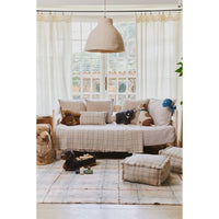 Cozy living room with a plaid sofa, cushions, and a dog lying on the floor.