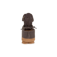 A plush dog basket designed to look like dachsund dog, shown from the back against a plain white background.