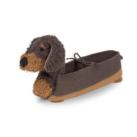 A dachshund-shaped knit basket in dark brown and tan, featuring a plush dog head on the front and a small bow on the side, shown on a white background.