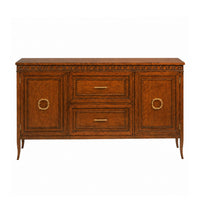 Woodbridge Furniture Bailey Buffet in cherry veneer features two doors, storage drawers, and gold handles and trim.