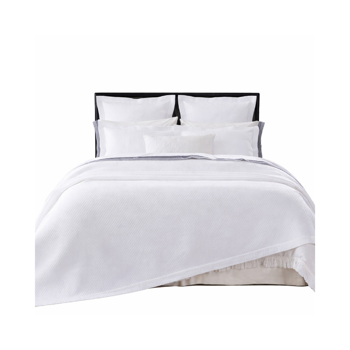 The Hamilton White Matelasse Coverlet + Shams Collection by Orchids Lux Home features white diamond quilting and four pillows.