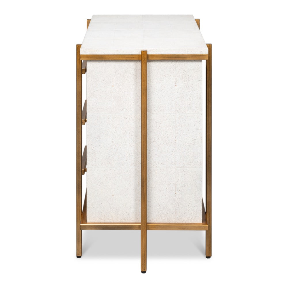 white shagreen leather drawer night stand gold frame handles 