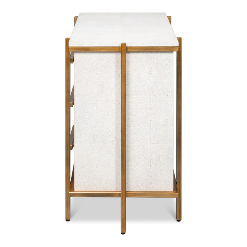 white shagreen leather drawer night stand gold frame handles 