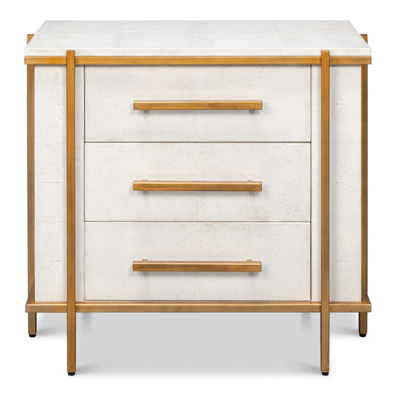 white shagreen leather drawer night stand gold frame handles 