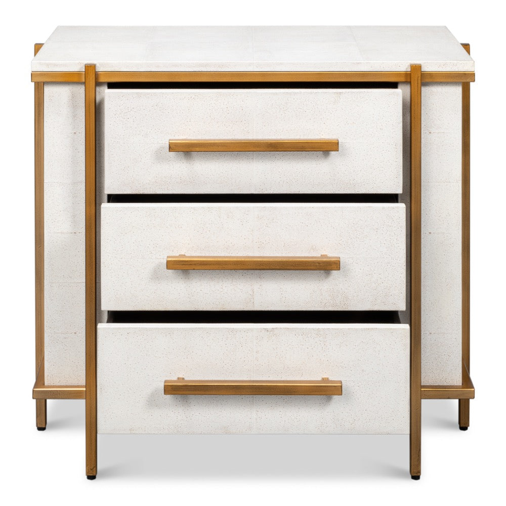 white shagreen leather drawer night stand gold frame handles 