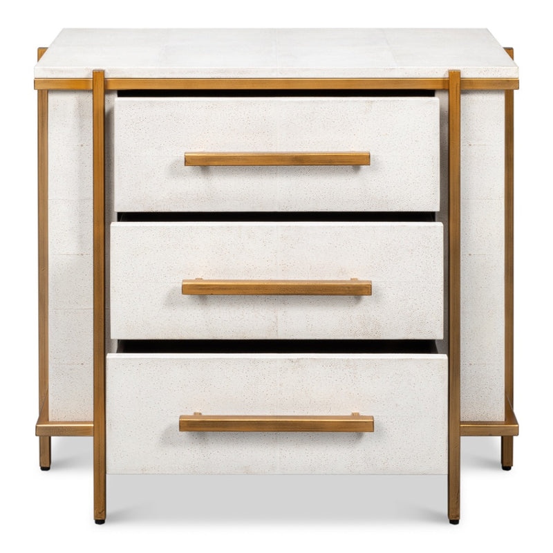 white shagreen leather drawer night stand gold frame handles 