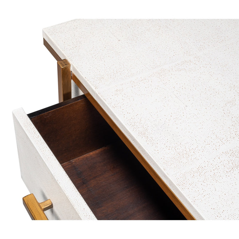 white shagreen leather drawer night stand gold frame handles 