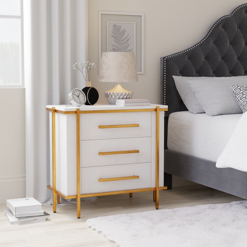 white shagreen leather drawer night stand gold frame handles 