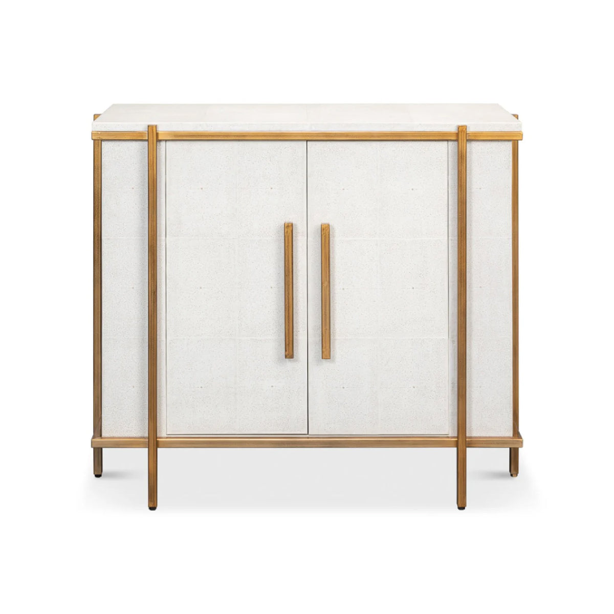 Blakely White Leather Door Chest by Sarreid, Ltd.—sleek storage with white leather doors and gold handles.