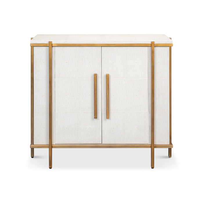 Blakely White Leather Door Chest by Sarreid, Ltd.—sleek storage with white leather doors and gold handles.