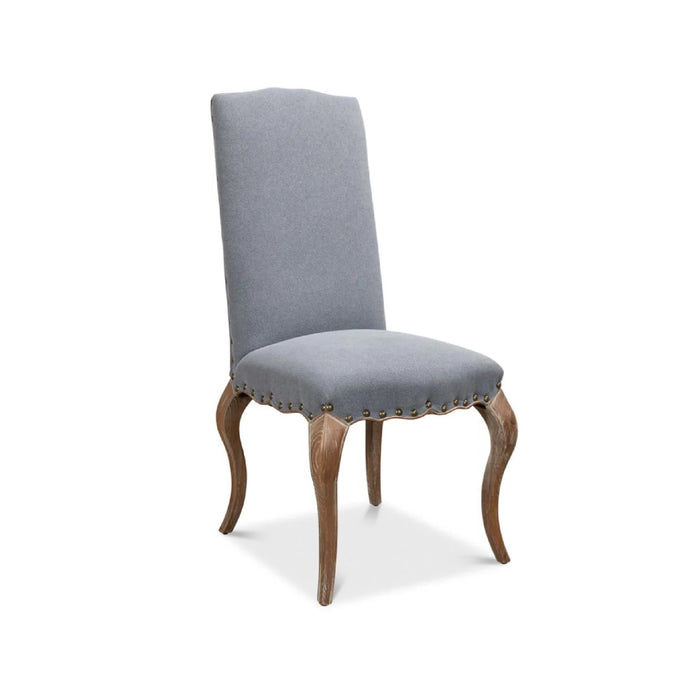 Sarreid, Ltd. Blue Linen Thorne Side Chairs (set of 2) feature solid oak legs and brass nailhead trim.