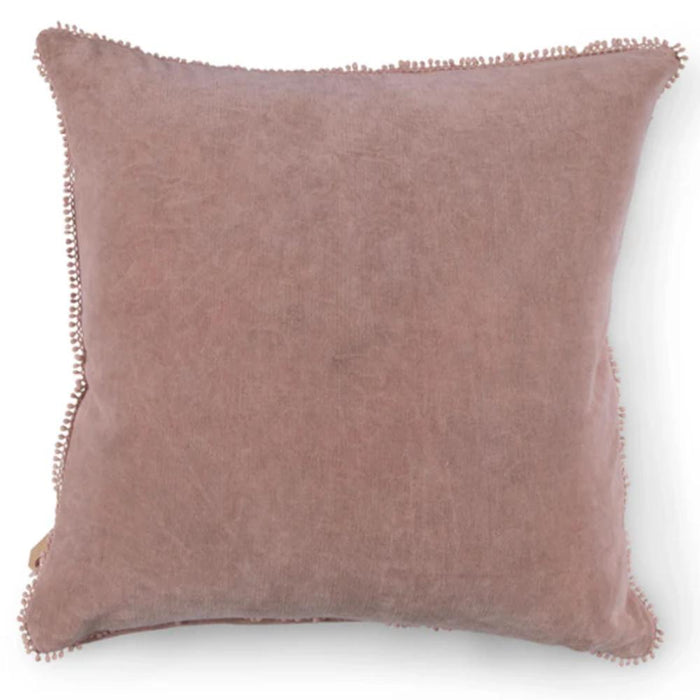 22" square blush velvet pillow with mini pom poms