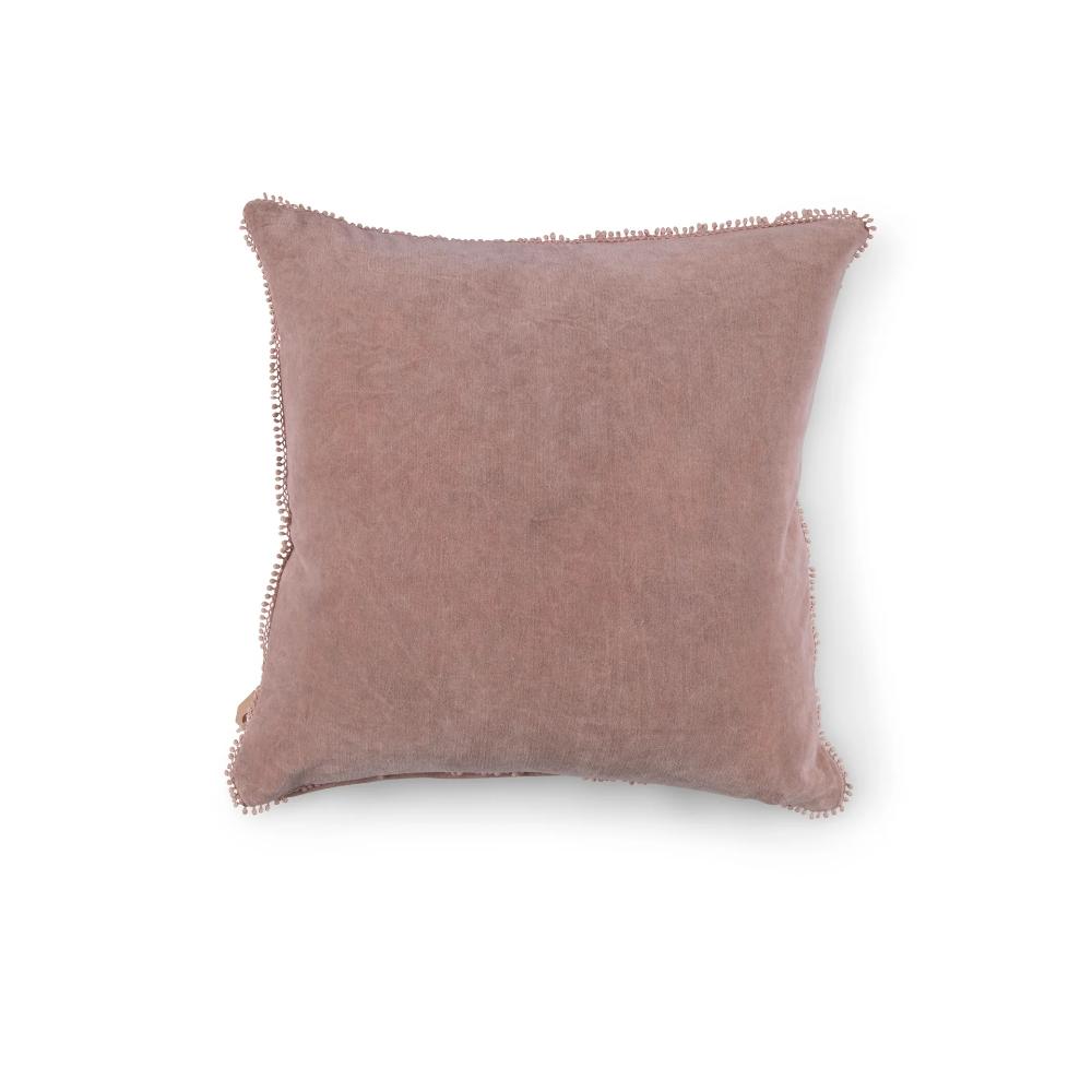 22" square blush velvet pillow with mini pom poms