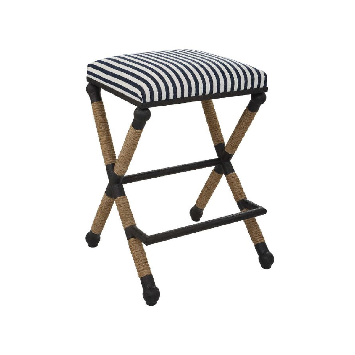 counter stool rope black iron navy cream stripe