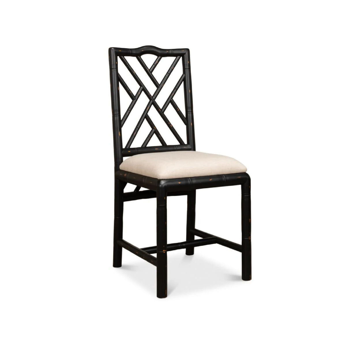 Brighton Bamboo Black Side Chairs (set of 2) by Sarreid, Ltd. feature geometric backs and light beige cushions.