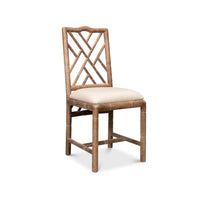 Sarreid, Ltd. Brighton Bamboo Whitewashed Oak Side Chairs (set of 2) with beige seat and lattice backrest on white background.