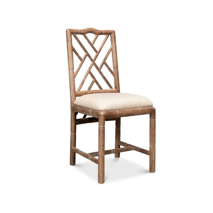 Sarreid, Ltd. Brighton Bamboo Whitewashed Oak Side Chairs (set of 2) with beige seat and lattice backrest on white background.