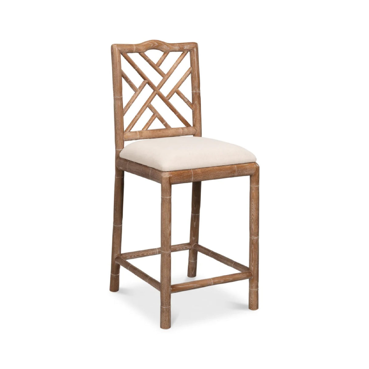 The Brighton Whitewashes Oak Counter Stool by Sarreid, Ltd. features a lattice back and beige linen seat.