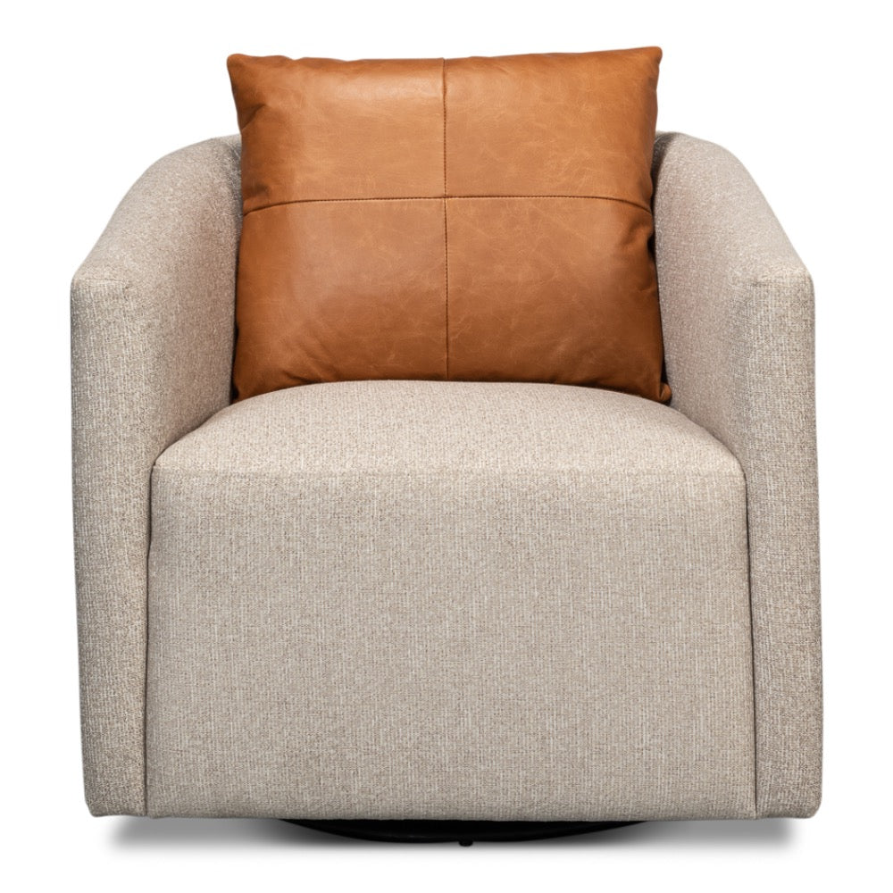 beige upholstered swivel tub chair brown leather back pillow split back