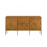 The Burton Burl Cabinet by Woodbridge Furniture features three doors, brass hardware, and gold legs on a white background.