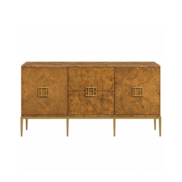 The Burton Burl Cabinet by Woodbridge Furniture features three doors, brass hardware, and gold legs on a white background.