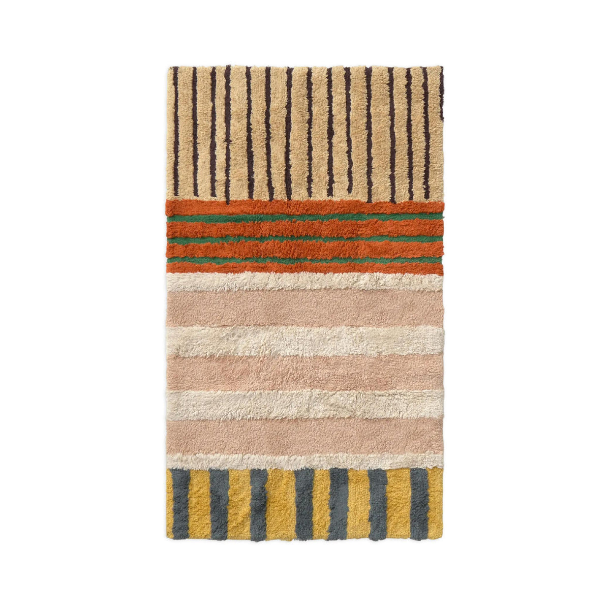 A rectangular shag area rug with a multicolor striped pattern, featuring beige, pink, orange, green, and yellow sections on a white background.