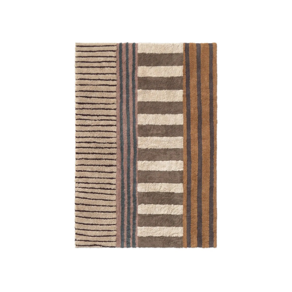 A rectangular area rug with a vertical striped pattern in shades of brown, beige, and muted blue-gray, shown flat against a solid white background.