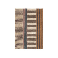 A rectangular area rug with a vertical striped pattern in shades of brown, beige, and muted blue-gray, shown flat against a solid white background.