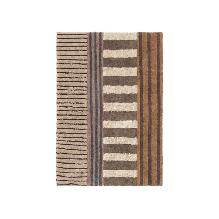 A rectangular area rug with a vertical striped pattern in shades of brown, beige, and muted blue-gray, shown flat against a solid white background.