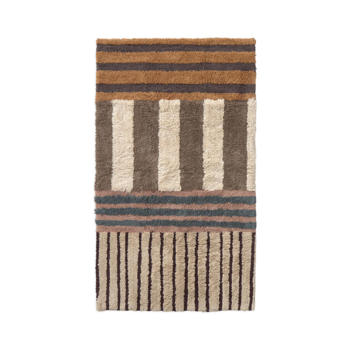 A rectangular shag rug with a retro striped pattern in brown, beige, and muted blue-gray, shown flat against a white background.