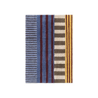 A rectangular area rug with a vertical striped pattern featuring blue, brown, beige, and yellow tones, shown flat against a solid white background.