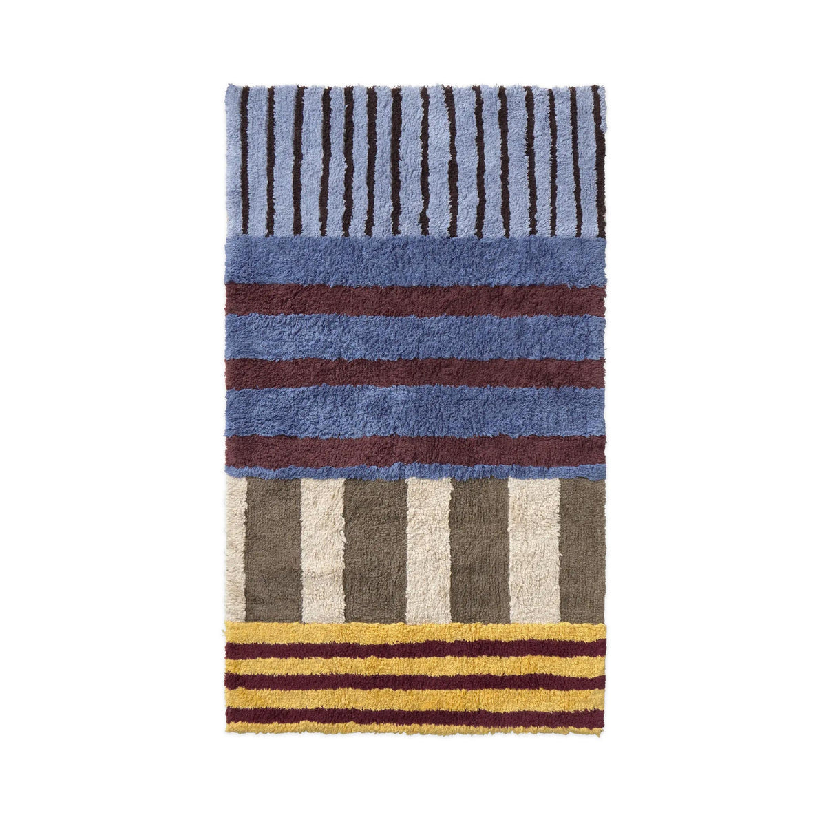 A rectangular shag rug with a multicolor striped pattern, featuring blue, brown, beige, and yellow tones, shown flat against a white background.