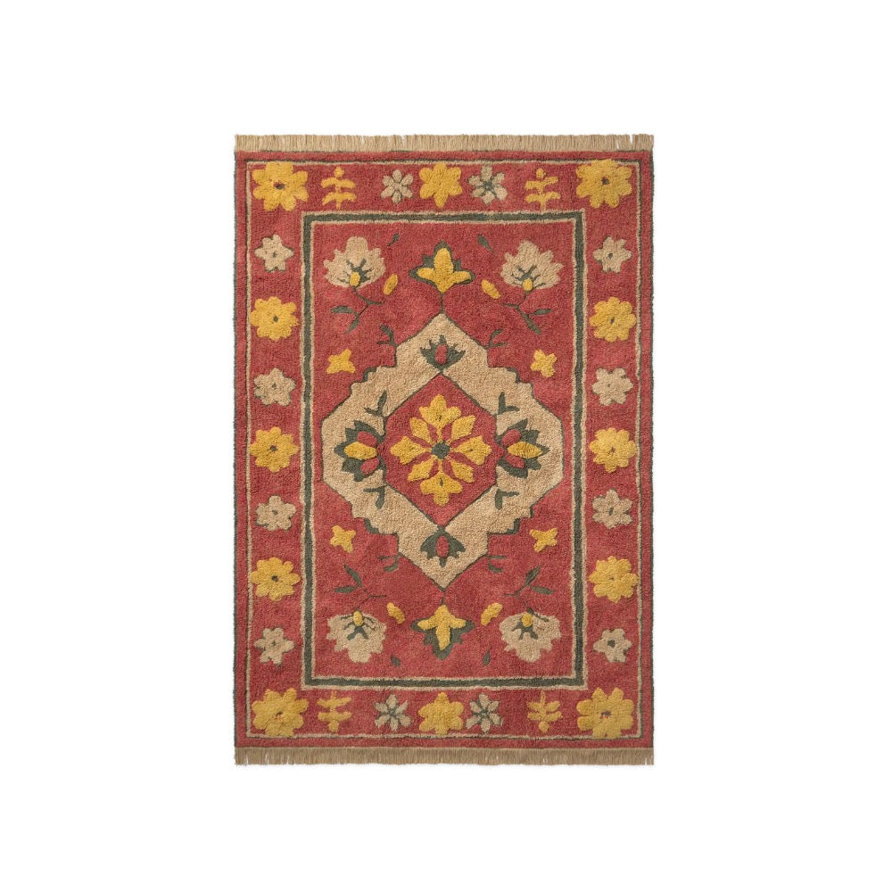 A rectangular traditional-style area rug with a red field, beige central medallion, and yellow floral motifs, shown flat against a white background.