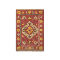 A rectangular traditional-style area rug with a red field, beige central medallion, and yellow floral motifs, shown flat against a white background.