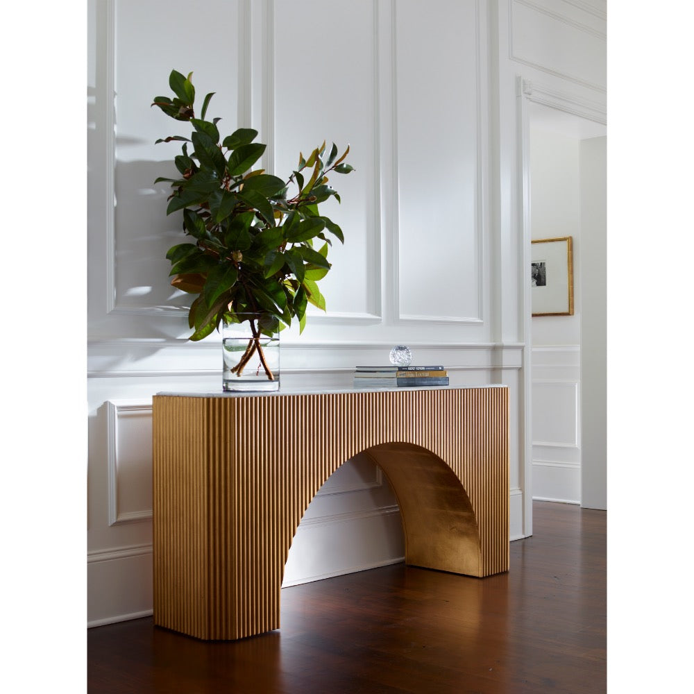 console table gold leaf base beveled edge marble top 