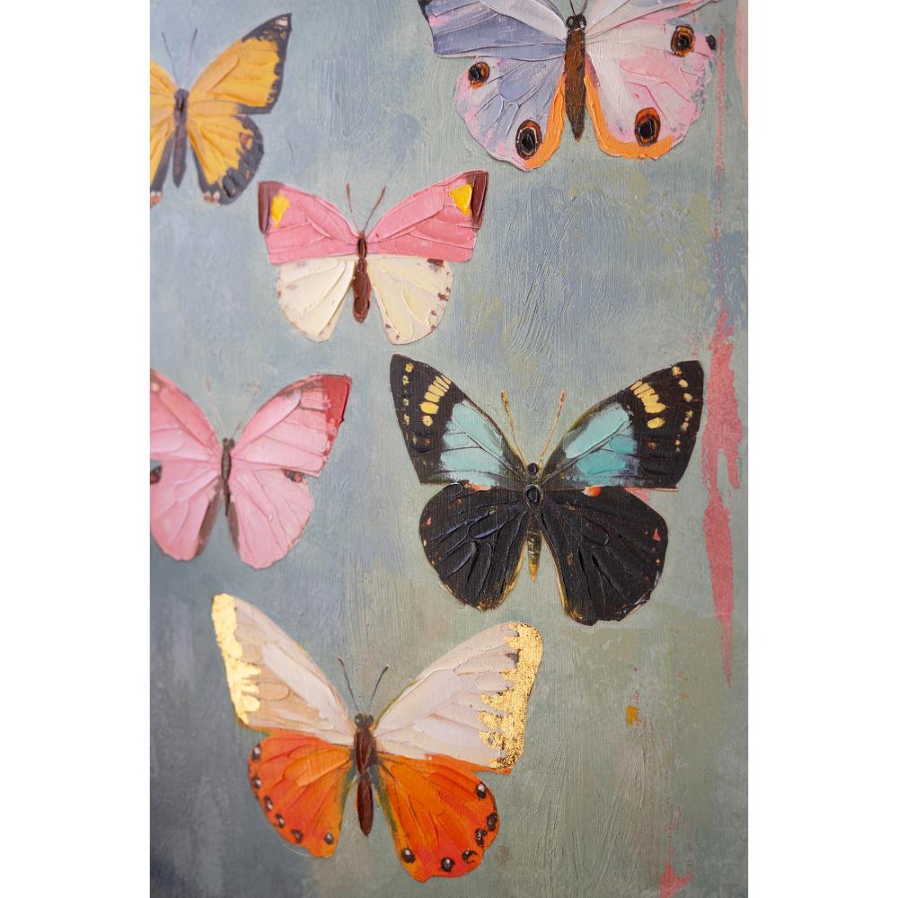 Painting of colorful butterflies on a textured gray background
