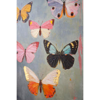 Painting of colorful butterflies on a textured gray background