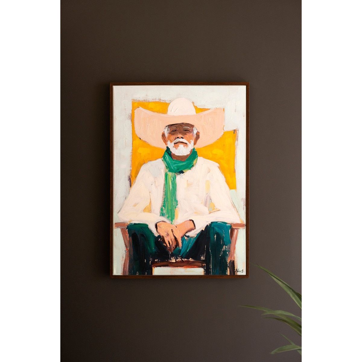 Painting of a man wearing a wide-brimmed hat and green scarf on a dark wall.