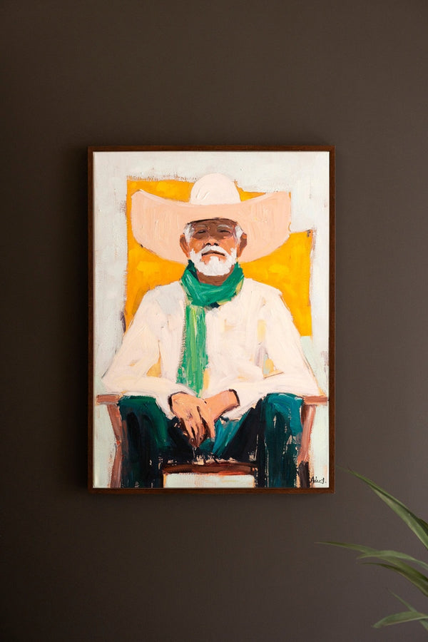 Painting of a man wearing a wide-brimmed hat and green scarf on a dark wall.