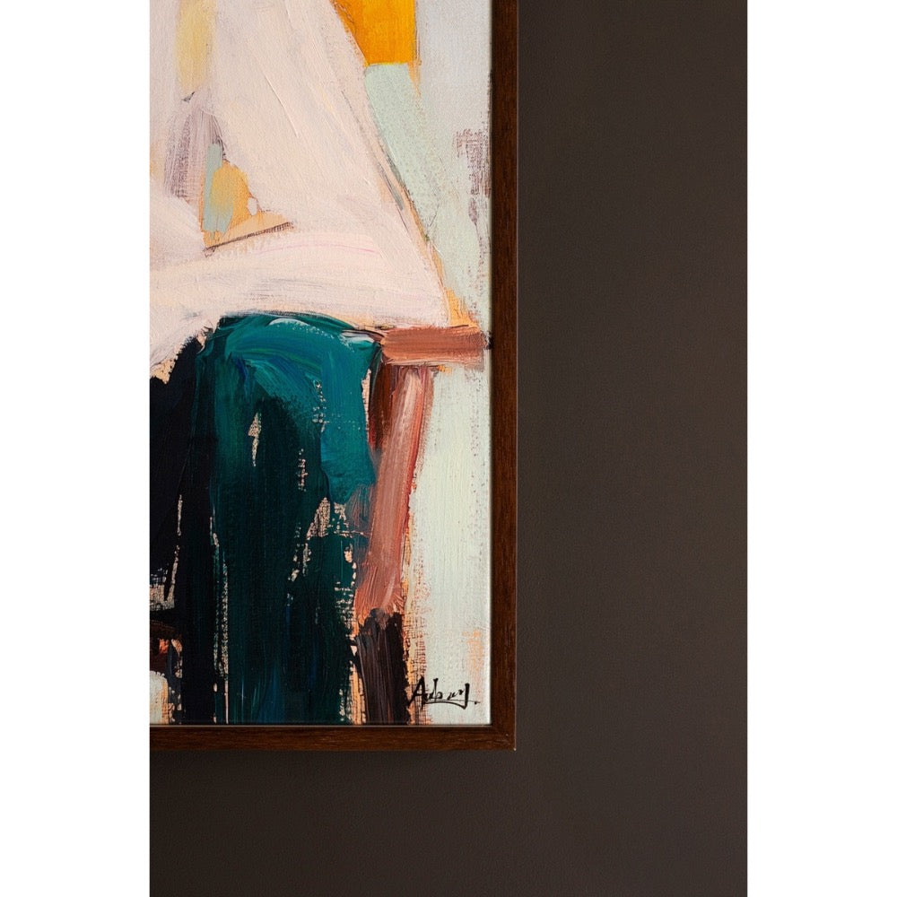 painting with a focus on a person wearing a white top and green pants, framed in brown.